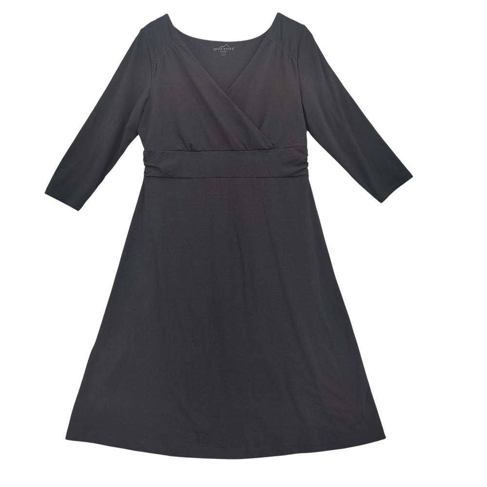 Eddie Bauer Women Minimalist Classic Faux Wrap Dress L Black Empire Waist
